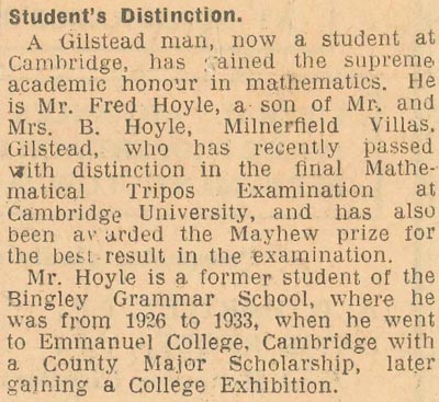 Article from a local Yorkshire paper about Hoyle's success at Cambridge University