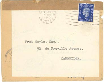 Envelope addressed to Fred Hoyle