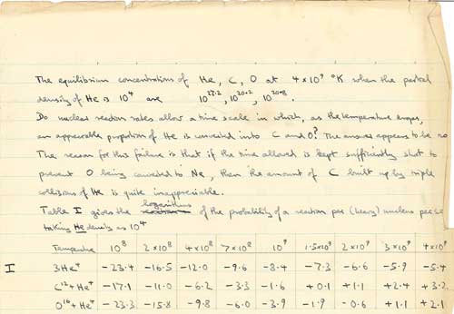 Extract from Hoyle's 1946 notebook showing his early ideas about stellar nucleosynthesis