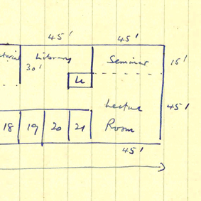 Hoyle's own sketch plan of his new 'Institute for Theoretical Astronomy' opened in Cambridge in 1967. Hoyle papers 8/3/2.