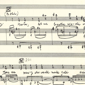Part of the piano score of the opera 'The Alchemy of Love' with music by Leo Smit and libretto by Fred Hoyle. Hoyle papers, unnumbered score.