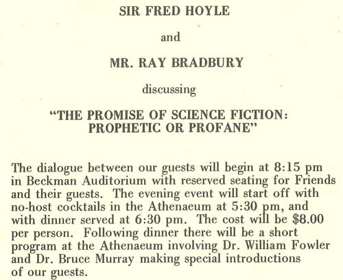 Flyer advertising a discussion evening with science-fiction authors Fred Hoyle and Ray Bradbury