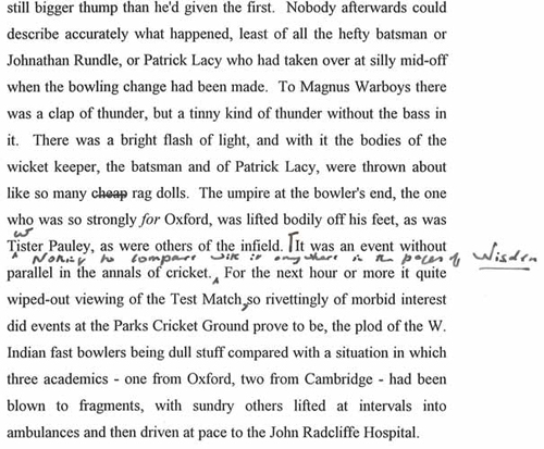 Typescript draft of Hoyle's story Death by Cricket in Oxford, with Hoyle's manuscript changes.