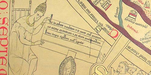 Emperor Augustus ordering the creation of a map of the Roman Empire, from the Hereford Mappa Mundi. Click on the image for a larger version.