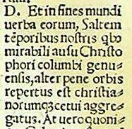 First line of a note about Christopher Columbus in the Polyglot Psalter printed in Genoa in 1516. Click on the image to see more
