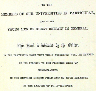 The Editor's dedication in 'Dr Livingstone's Cambridge Lectures' (1860)