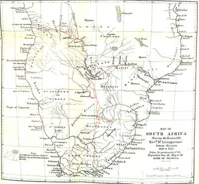 Map of Livingstone's routes through Africa from 'Dr Livingstone's Cambridge Lectures' (1860)