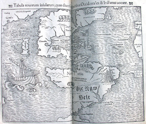 A map of the Americas from Sebastian Münster's 'Cosmographia', published in Basel, Switzerland in 1559. Click on the picture to see a larger image