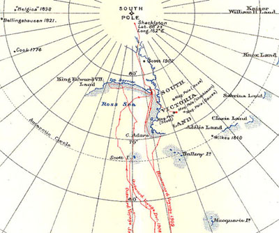 A map showing Shackleton's Antarctic journies of 1908-1909