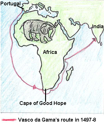 Map showing Vasco da Gama's 1497-8 route to India.