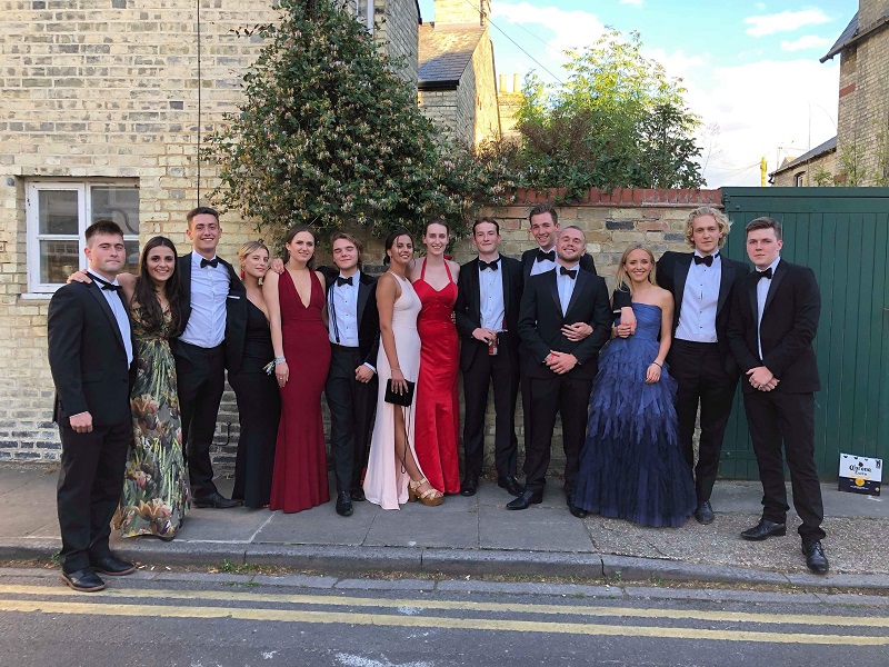 Sam, fifth from the right, with a group of friends on the evening of the St John's May Ball in 2018