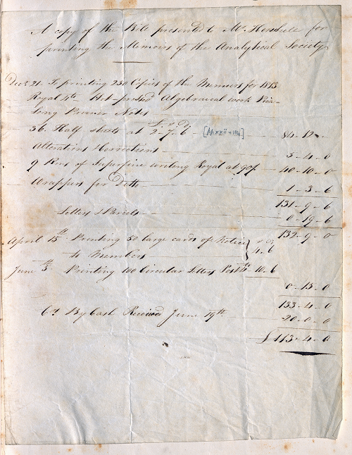A bill for the printing of the Memoirs of the Analytical Society 1813