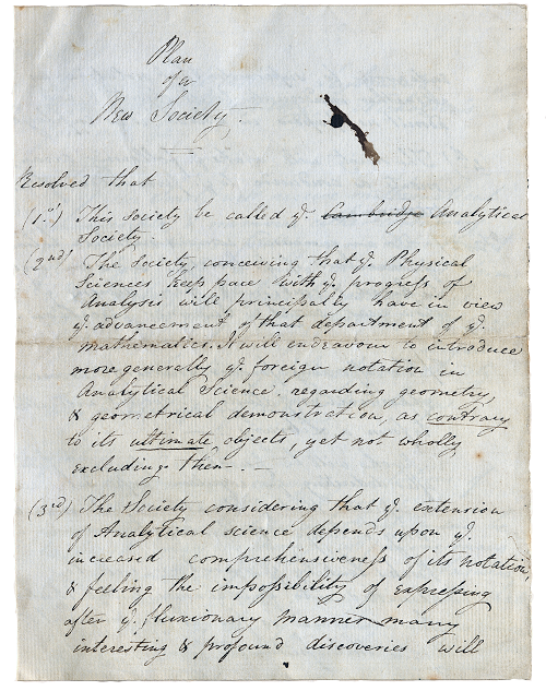 First page of the handwritten rules of the Analytical Society