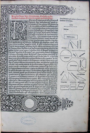 The opening page of Euclid's Geometry, with ornate woodcut border and diagrams