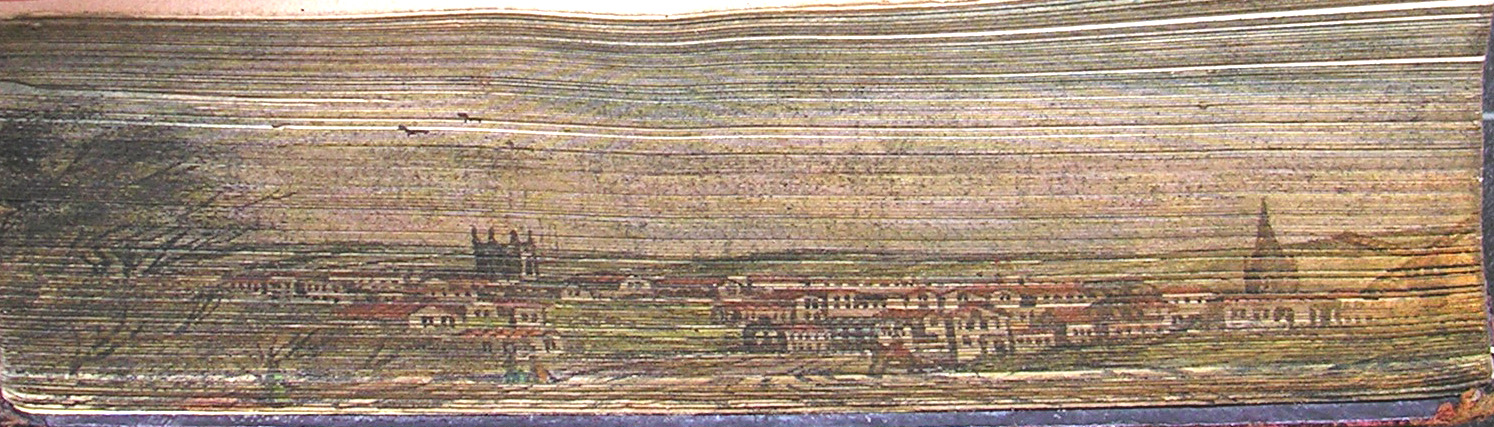 The foreedge of a book with a painted scene of Nottingham.