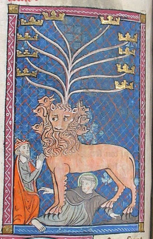 A medieval illustration of the Beast from the Sea.