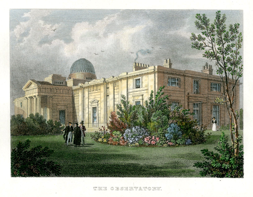 Coloured print of Cambridge Observatory building showing gardens and figures in academic dress