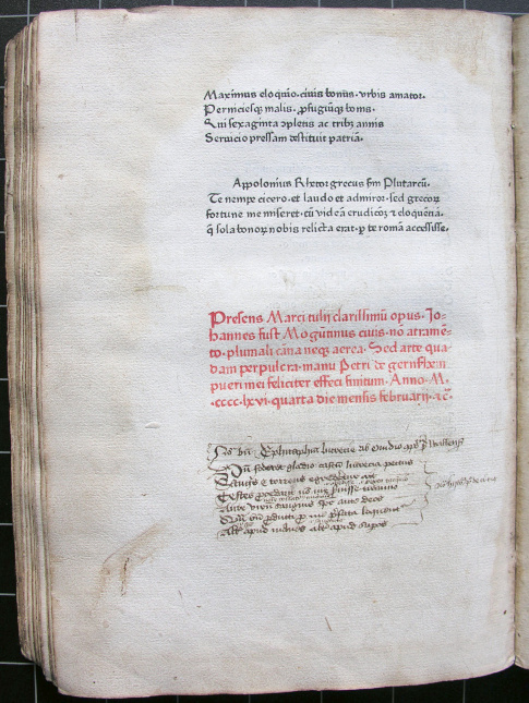 Final page of the Library's earliest printed book, with publication details in red. [Bound with MS F.19]