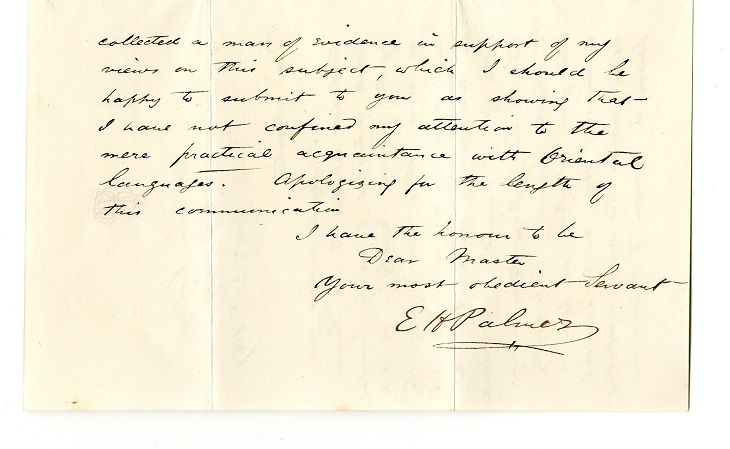 Final page of letter to Master from Palmer