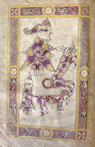 A medieval Irish illustration of the Biblical David with a lion and sheep.