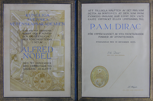 Nobel prize certificate awarded to Paul Dirac in 1933