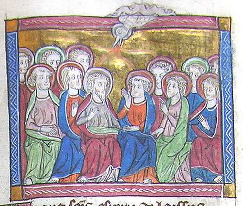 A medieval illustration of the Holy Spirit descending to the Apostles.