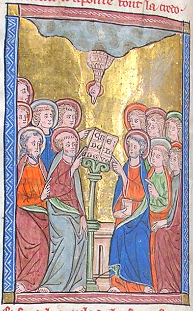 A medieval illustration of the Holy Spirit descending to the Apostles.