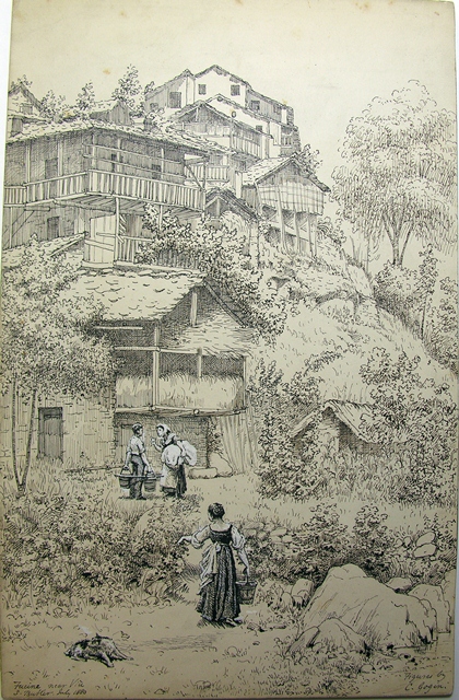 A hillside settlement with three figures in the foreground