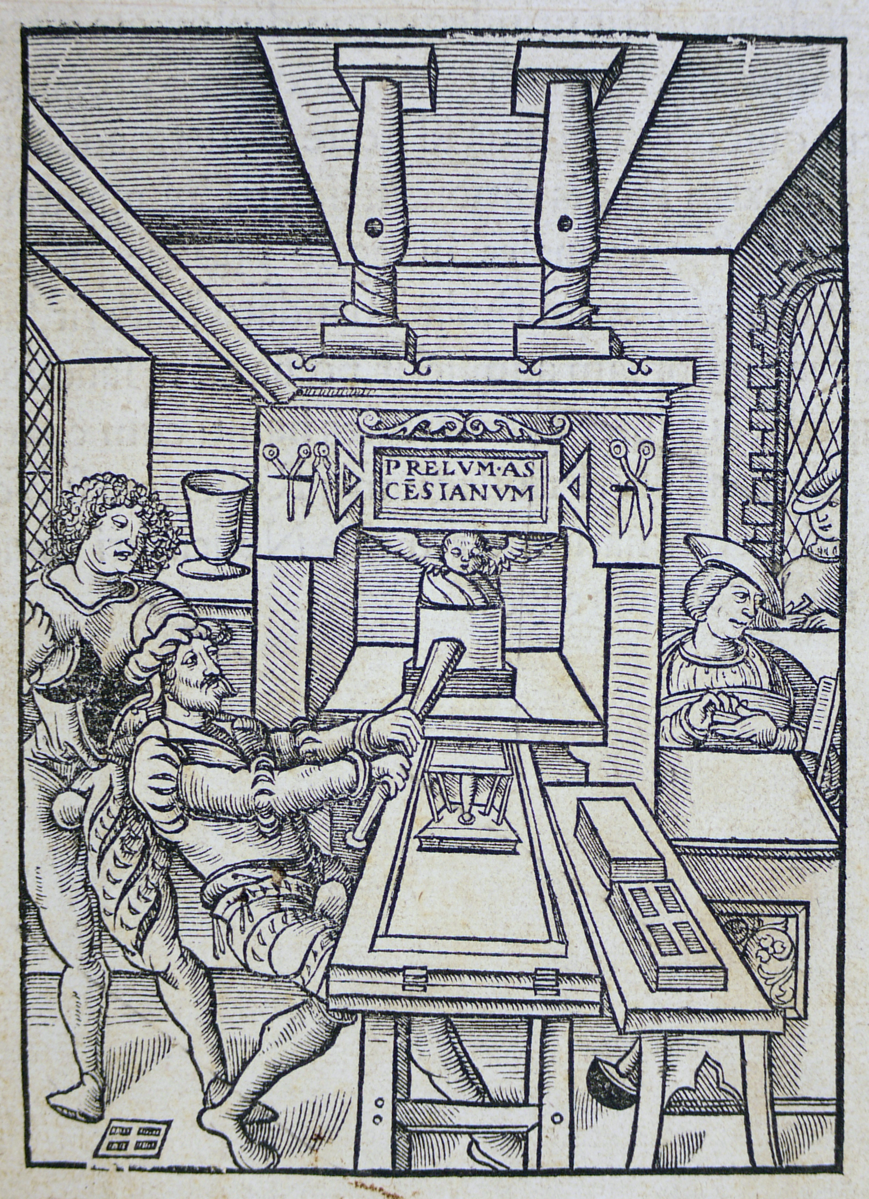 An illustration of an old printing press.
