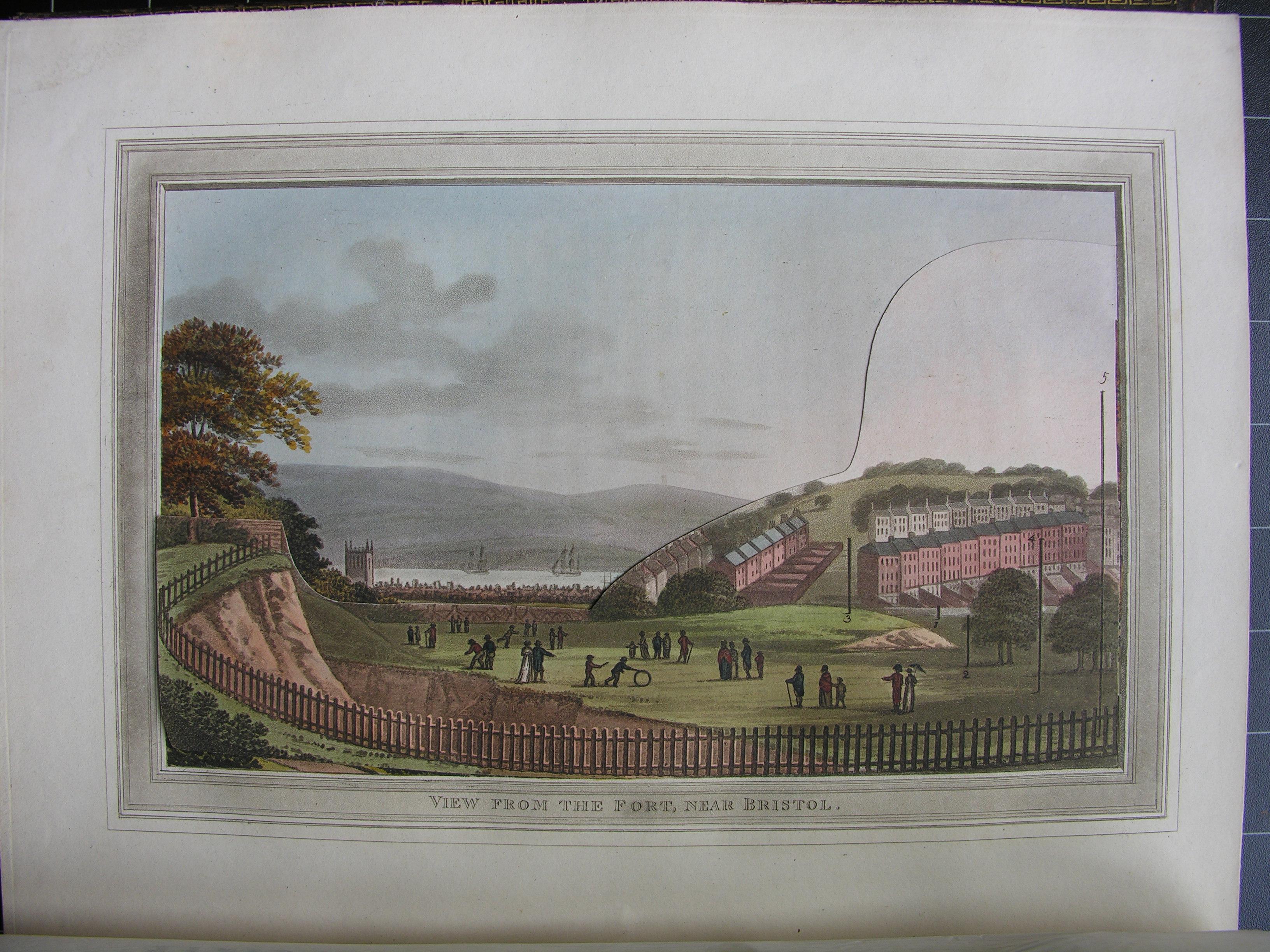 An illustration of a landscape including a view of some houses and a fence. Captioned 'View from the fort near Bristol'.