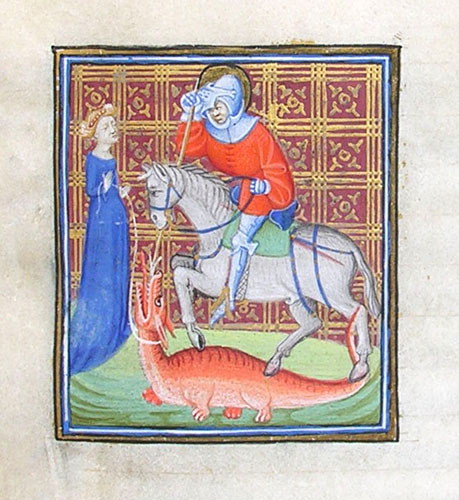 A medieval illustration of St. George atop a horse, slaying a dragon which a woman holds on a lead.