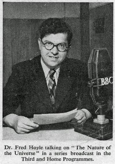 Newspaper cutting showing Hoyle sitting at the radio microphone