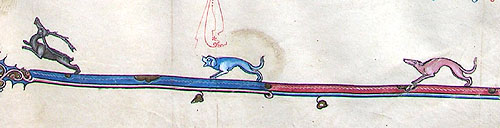 A manuscript illustration of a dog hunting a stag.