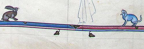 A manuscript illustration of a dog hunting a rabbit.