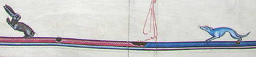 A manuscript illustration of a dog hunting a rabbit.