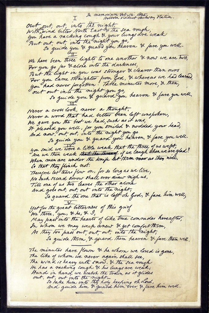 Framed manuscript of a poem written in black ink