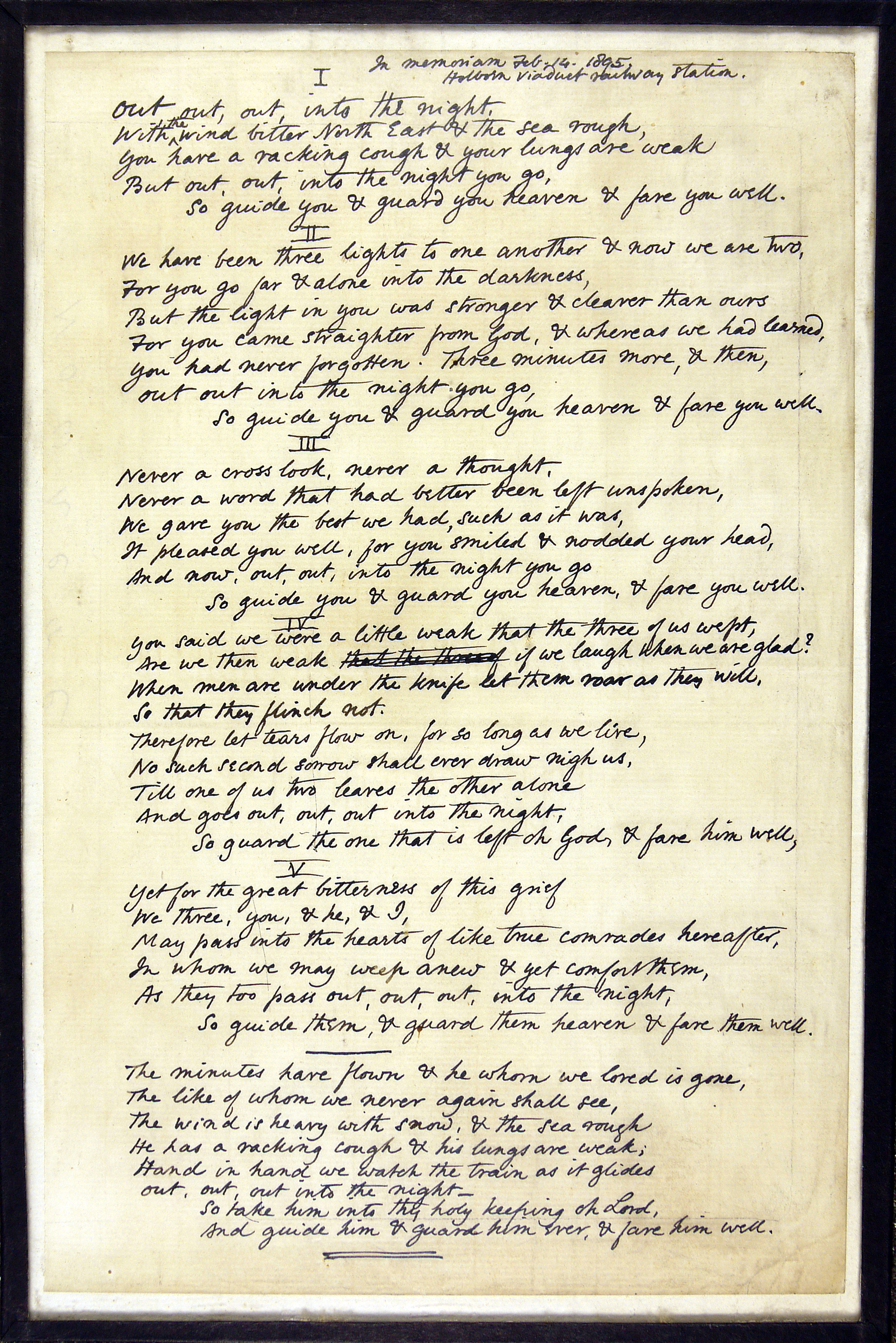 Butler's framed manuscript of 'In Memoriam'