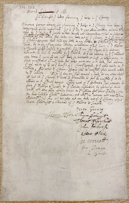 Photograph of 1661 Order for the better preserving of the books in the Library.