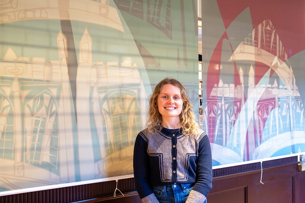 Isabella Bottle pictured with her blind design in the new College Bar at St John’s
