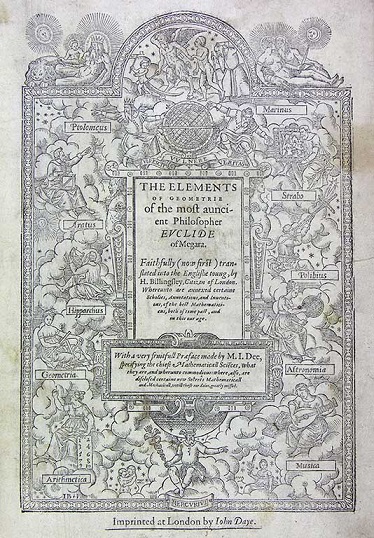 The title page of the first English edition of Euclid, with woodcut illustrations showing the branches of mathematics