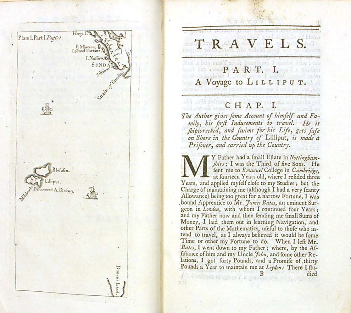 The beginning of the first chapter of Gulliver's Travels, 'A Voyage to Lilliput', facing on the left-hand page a map depicting the islands of Blefuscu and Lilliput, with Sumatra visible to the north-east. 