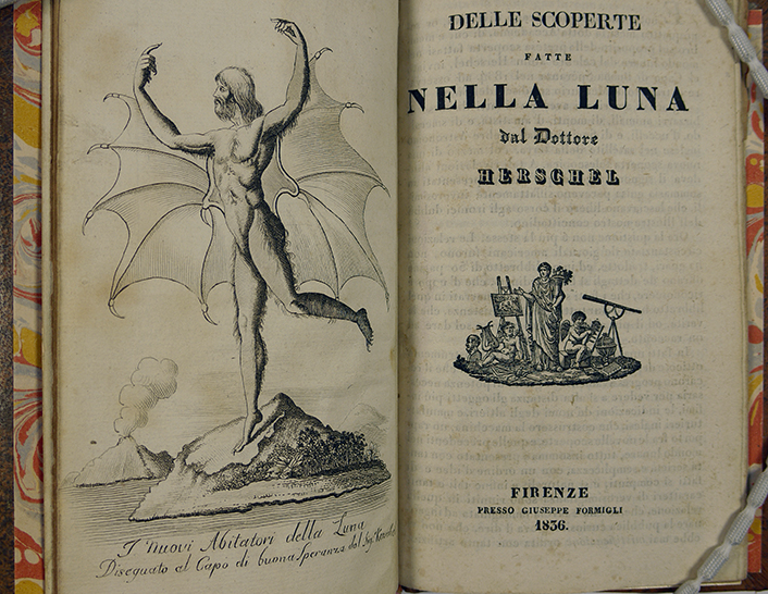 The frontispiece and title page of an Italian pamphlet concerning the Great Moon Hoax. The title is 'Delle Scoperte Fatta Nella Luna dal Dottore Herschel'. On the facing page is the frontispiece depiction of a bearded, furry, winged humanoid figure, seen in a balletic pose against a backdrop of volcanoes. 