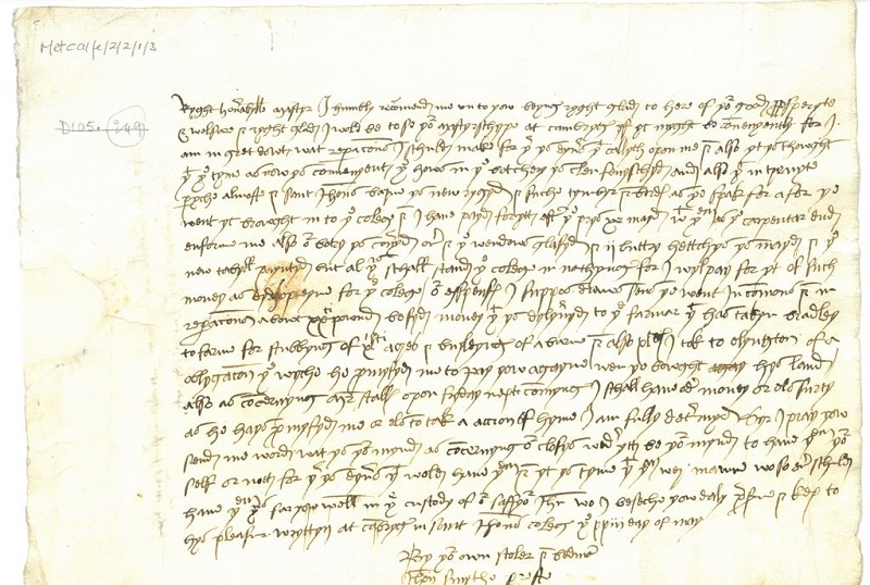 Letter to Nicholas Metcalfe, Master of St John’s, on subjects including building work in the College Buttery, c 1519. Archive reference SJAR/1/1/Metcalfe/2/2/1/3