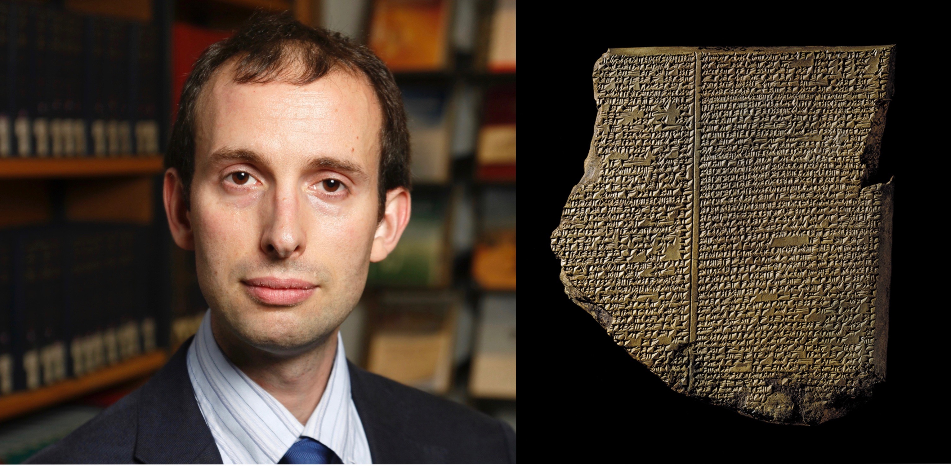 Martin Worthington with Above: The Flood Tablet. Top: The Adda Seal featuring the god Ea second from the right. Credit: The Trustees of the British Museum.
