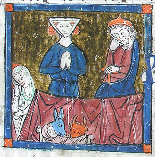 A medieval manuscript illustration of the Nativity.