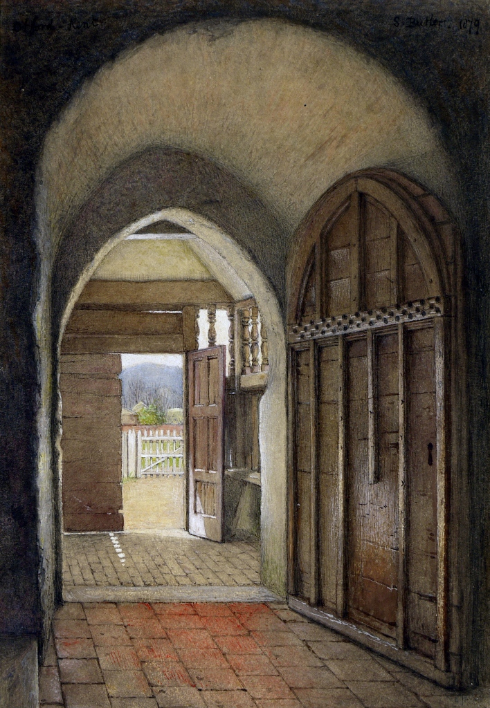Watercolour showing a church doorway from inside