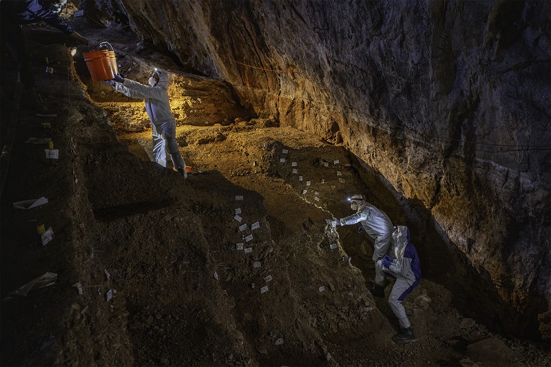 The team carefully sampling the different cultural layers in the cave. Credit: Devlin A. Gandy