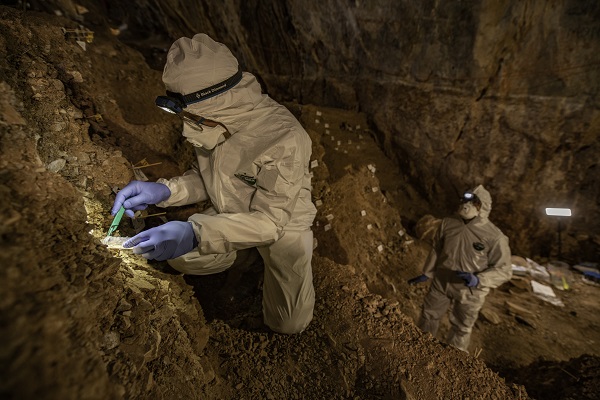 Assistant professor Mikkel Winther Pedersen from the University of Copenhagen sampling the cave sediments for DNA. Credit: Devlin A. Gandy