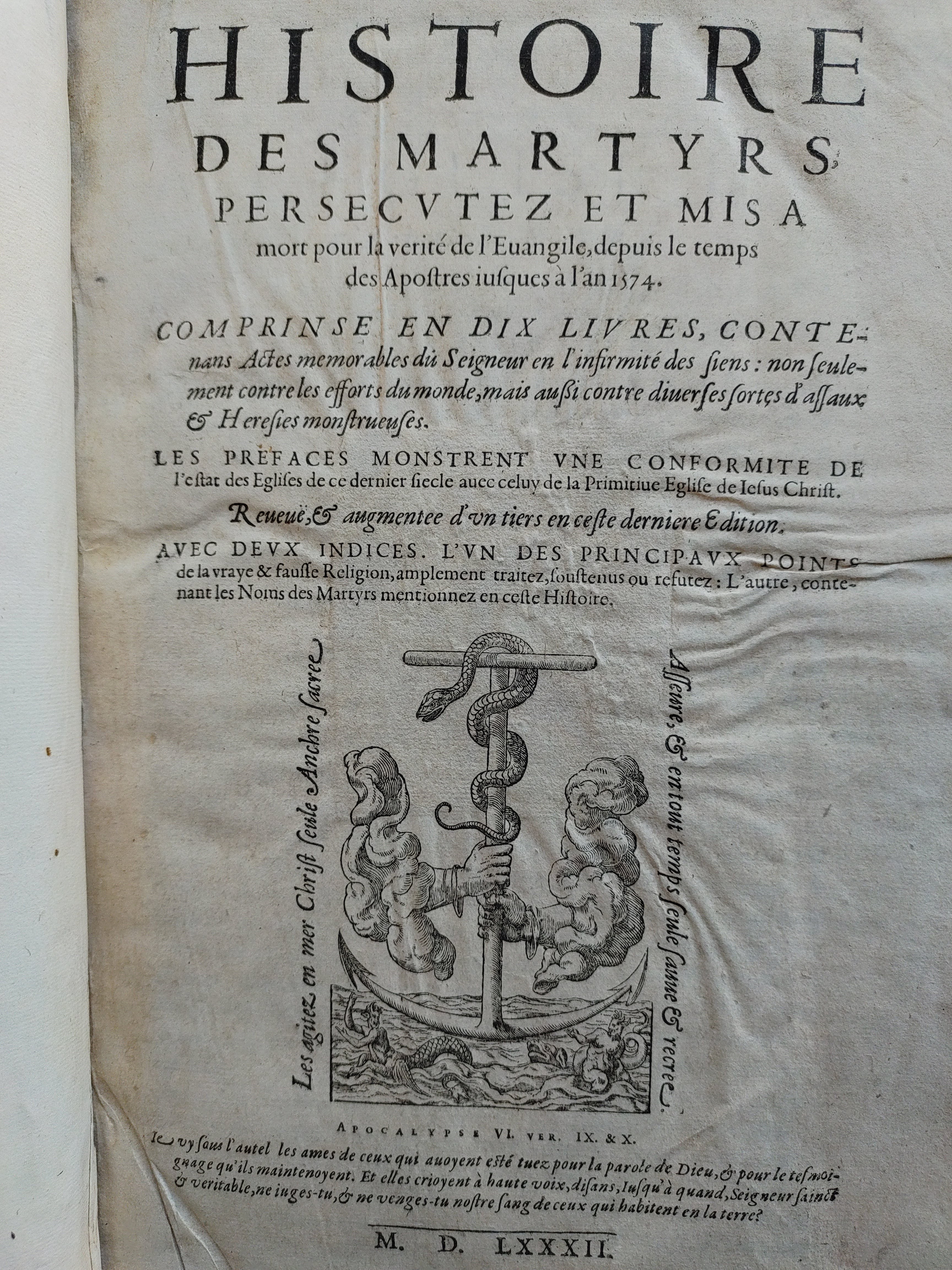 Title page of 'Histoire des Martyrs' by Jean Crespin
