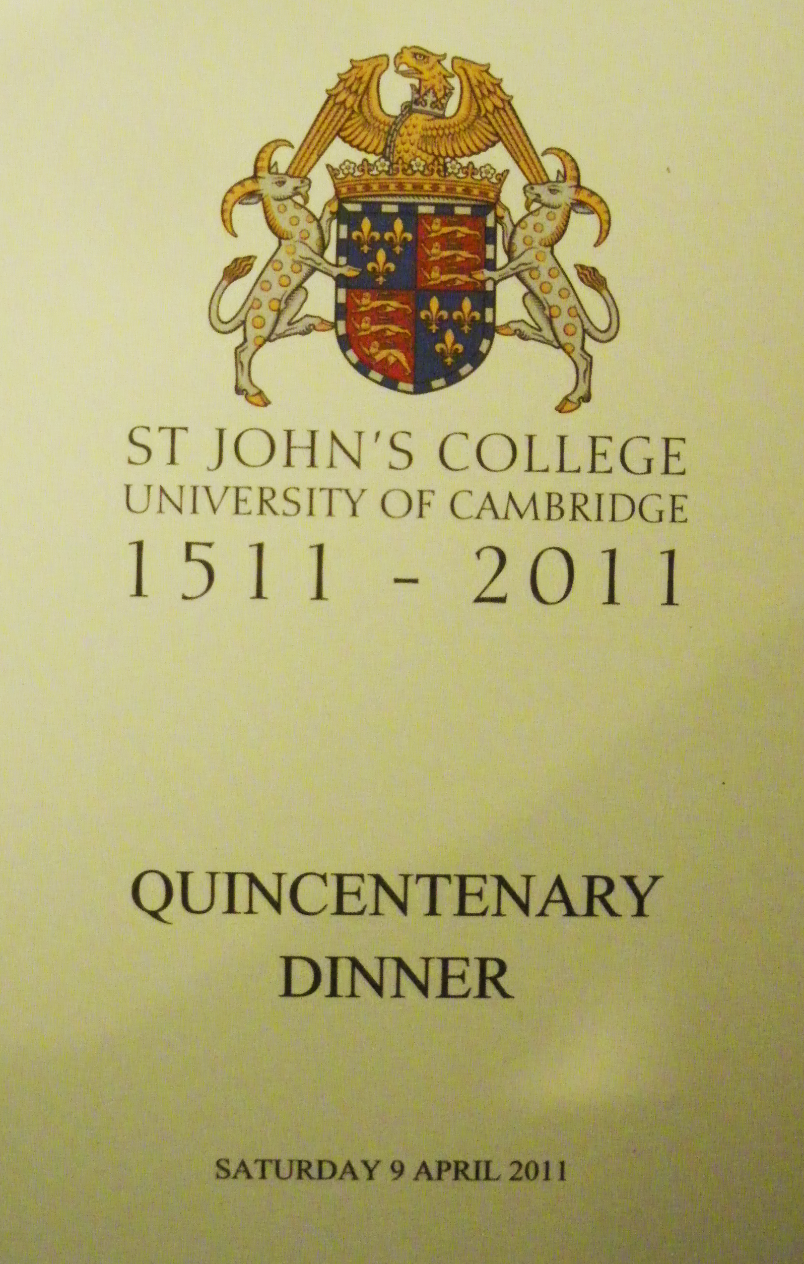 Another dinner menu with the college crest.